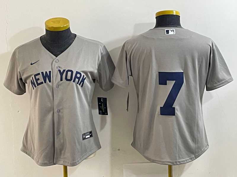 Women%27s New York Yankees #7 Mickey Mantle 2021 Grey Field of Dreams Cool Base Stitched Jersey